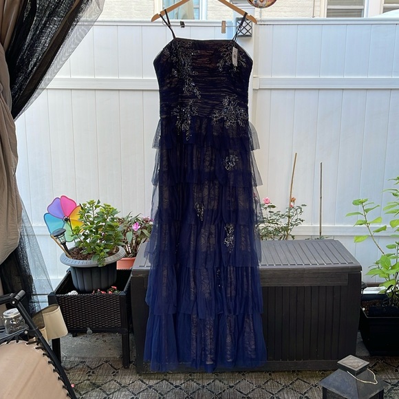 XSCAPE - Strapless Applique Tiered Mesh Ruffle Gown - Picture 3 of 16